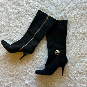 Michael Kors Caroline Suede Leather Boots High Heel Black‎ Size 8 Gold Logo Used